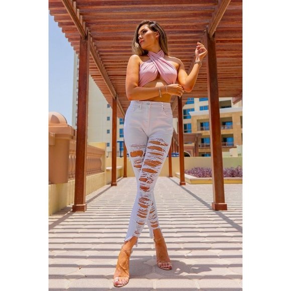 White High Waist Ripped Distressed Skinny Jeans Denim Pants - Picture 7 of 8